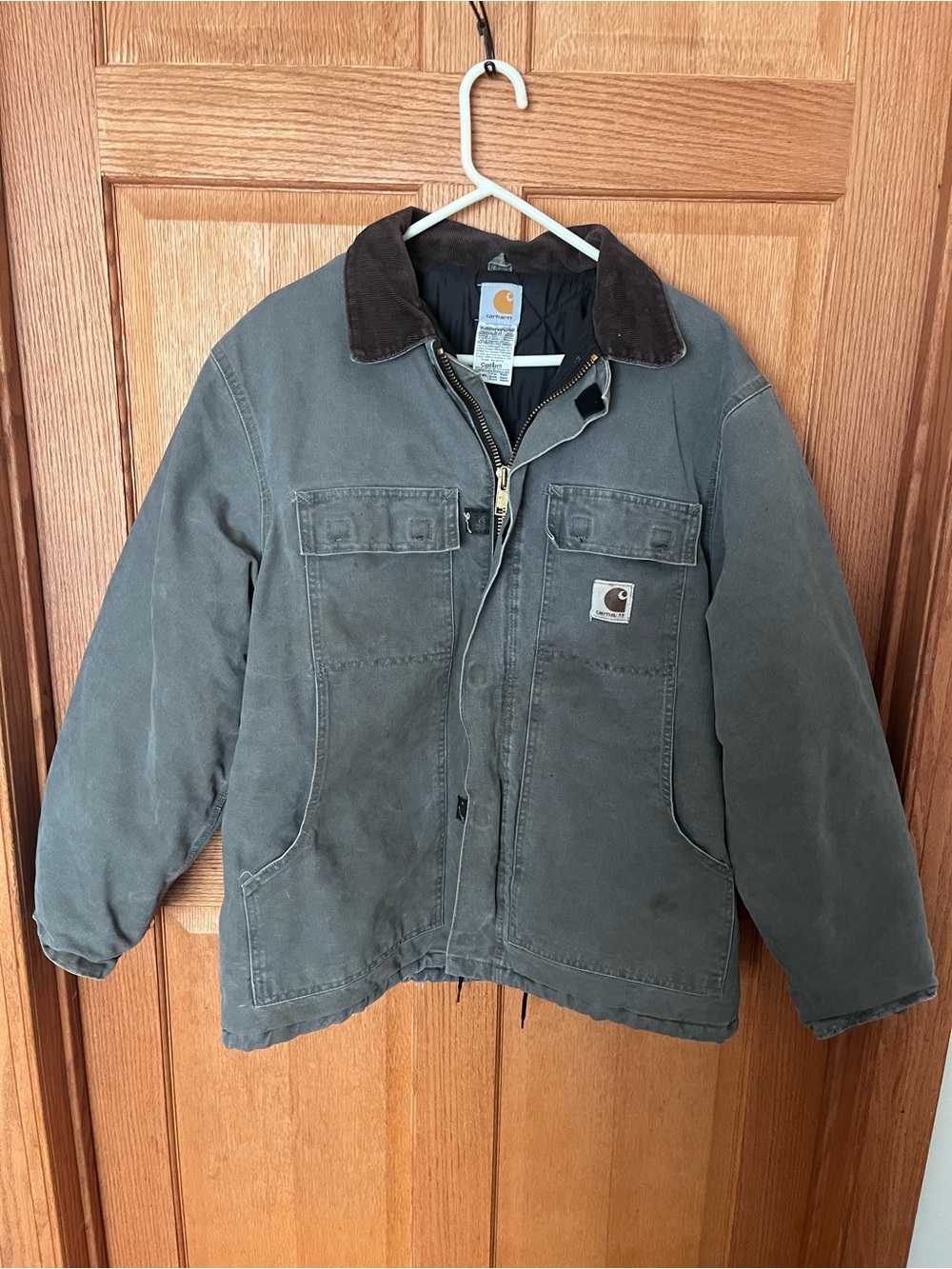 Carhartt Dark Green Duck canvas coat with Brown Corduroy Collar